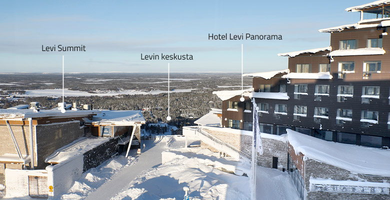Aluekuva Levi summitin ympäristöstä, jossa näkyy myös Levin keskusta ja Hotel Levi Panorama.